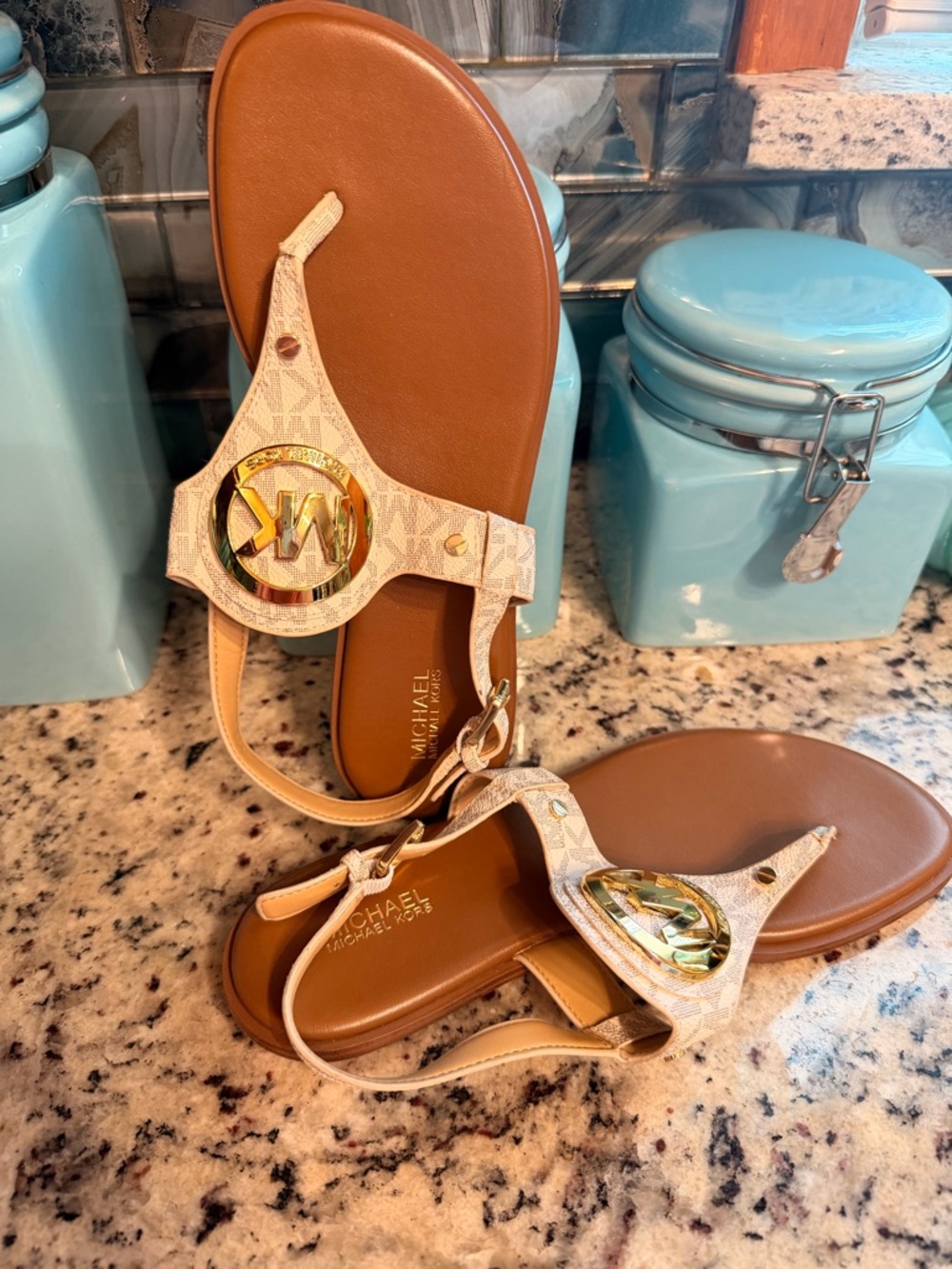 Michael Kors Beige Logo Thong Sandals with Gold MK Emblem